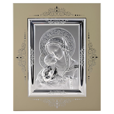 Icoana placata cu argint - Fecioara Maria cu pruncul Iisus - Flori roz, drept